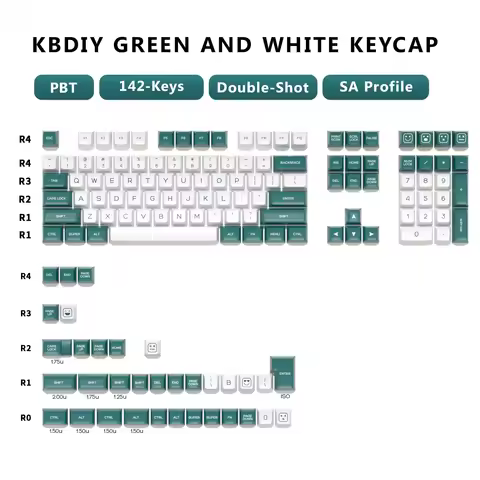 KBDiy 142 Keys/Set SA Profile PBT Green and White Keycap Custom ISO Double Shot Gaming Mechanical Keyboard Keycap for 61/68/84