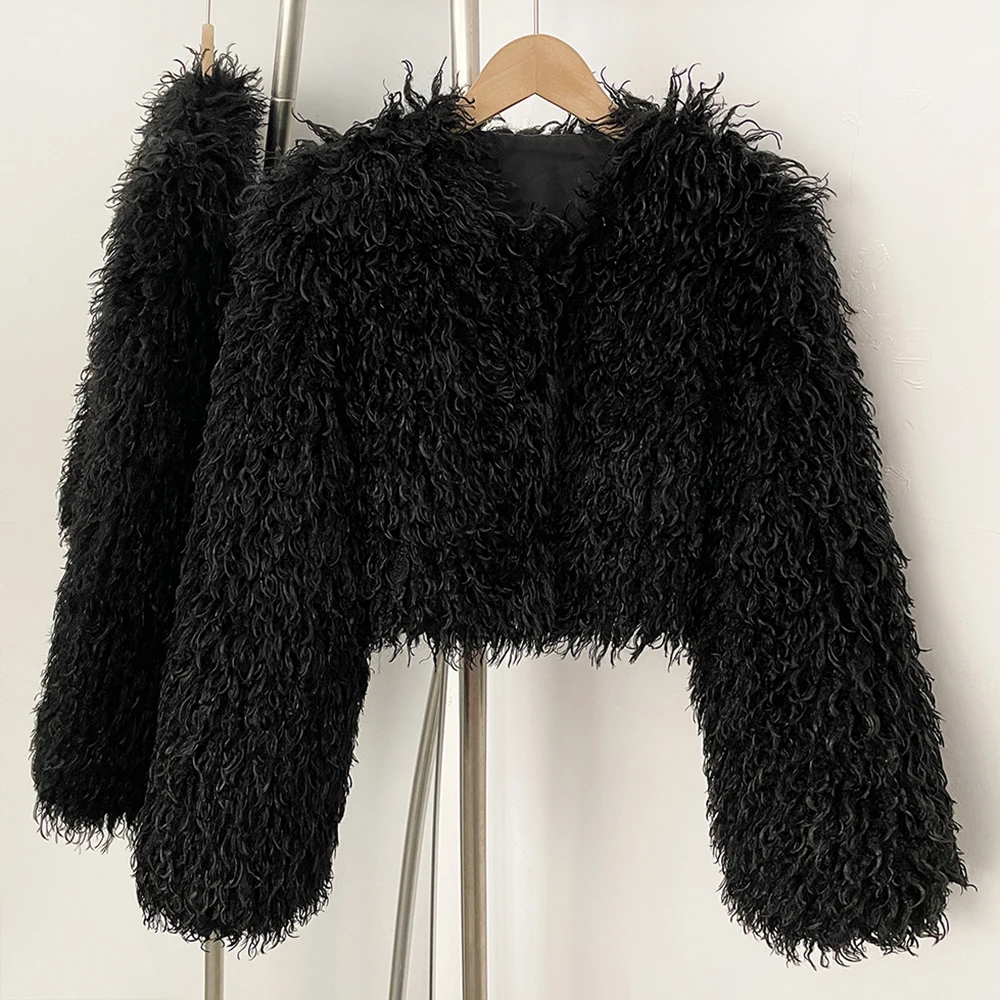 Kunstpelzmantel für Damen, Fell, flauschig, Herbst, kurzer Pelzmantel, umweltfreundlich, warm, weiblich, 2025, neue Winterjacke mit langen Ärmeln, O-Ausschnitt