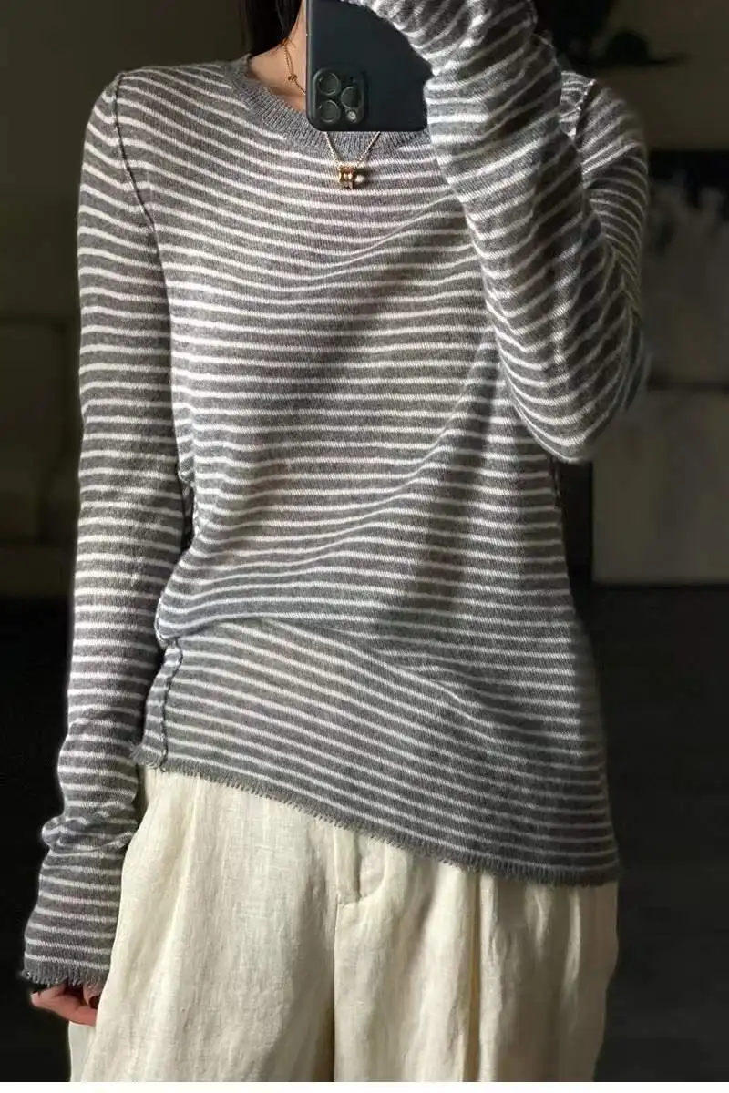 European goods 100% pure wool sweater female spring autumn thin crewneck striped sweater  knit cashmere sweater