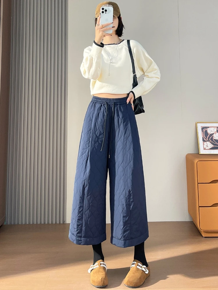 

Восьмиточечные толстые хлопковые брюки, женские осенне-зимние повседневные прямые брюки с высокой талией, теплые широкие брюки на шнурке