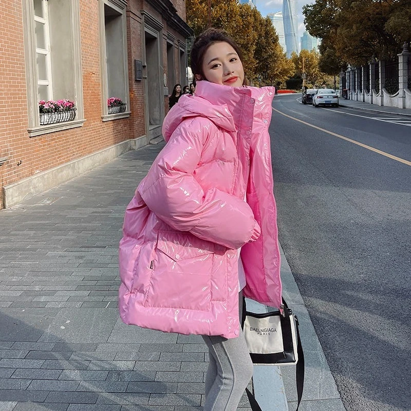A New Best-selling Mid-length Pink Glossy Down Cotton-padded Jacket for Women Trendy Korean-style Winter Coat for Petite Women