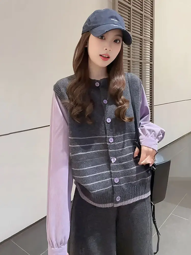 plus Size Corduroy Striped Knit Sweater Women Loose Fit Slimming Autumn Top Casual Style Fake Two-Piece round Neck Long Sleeve