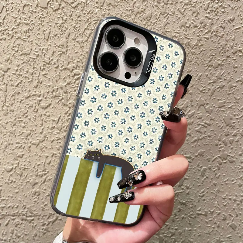 

Artistic Black Cat Striped Pattern Laser Phone Case For iPhone 17 15 14 Pro Max Plus 17 Air 16 13 12 Mini 11 Pro Max Cover Funda