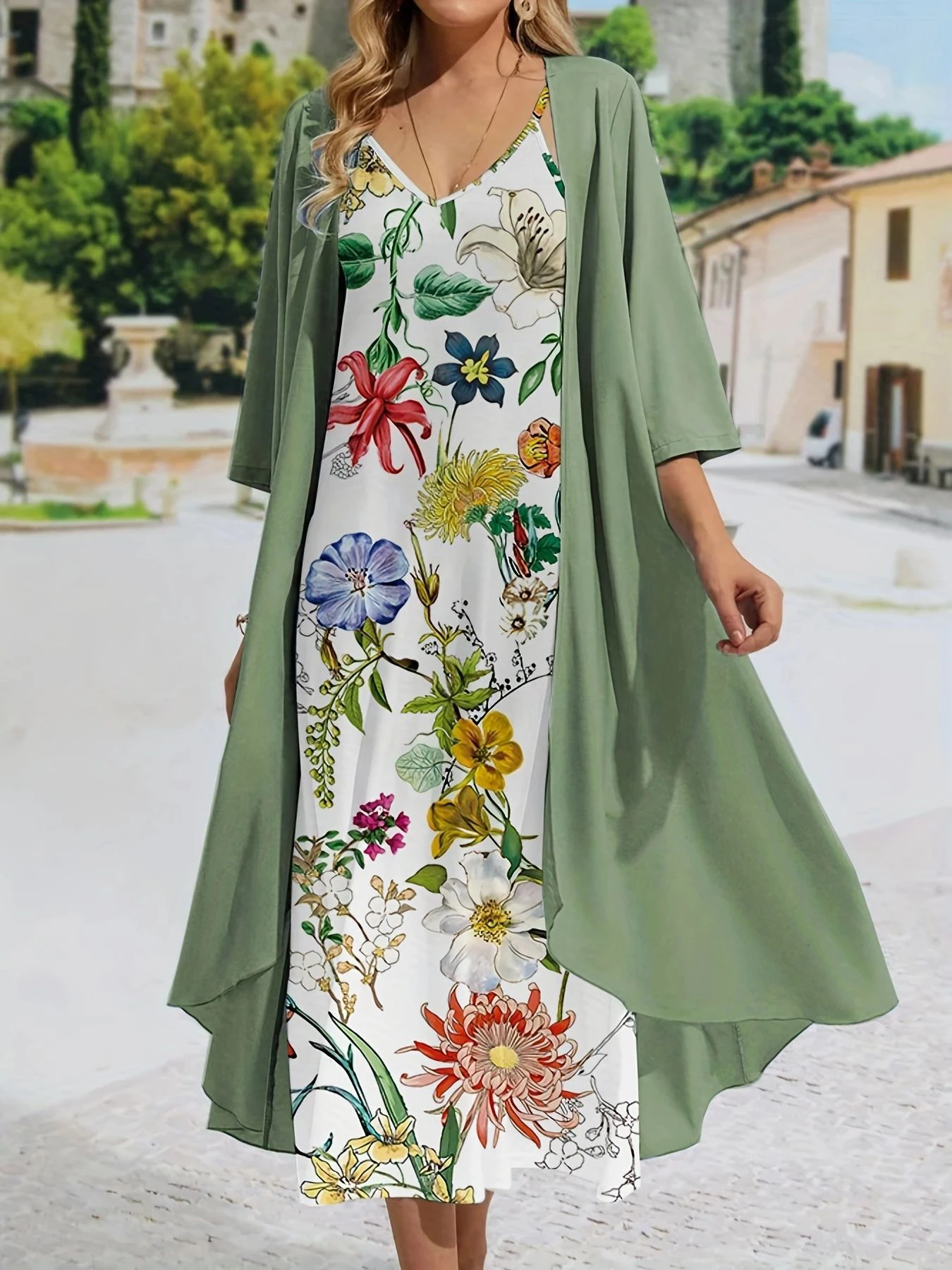 2024 Europe and the United States autumn new women\'s long dress two-piece set of floral print round neck dress coat women