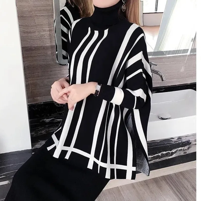 Black White Striped Sweater Women Cloak Autumn Winter  Loose Thick Knitted Cape Turtleneck Wild Warm Pullover Bat Sleeve Tops