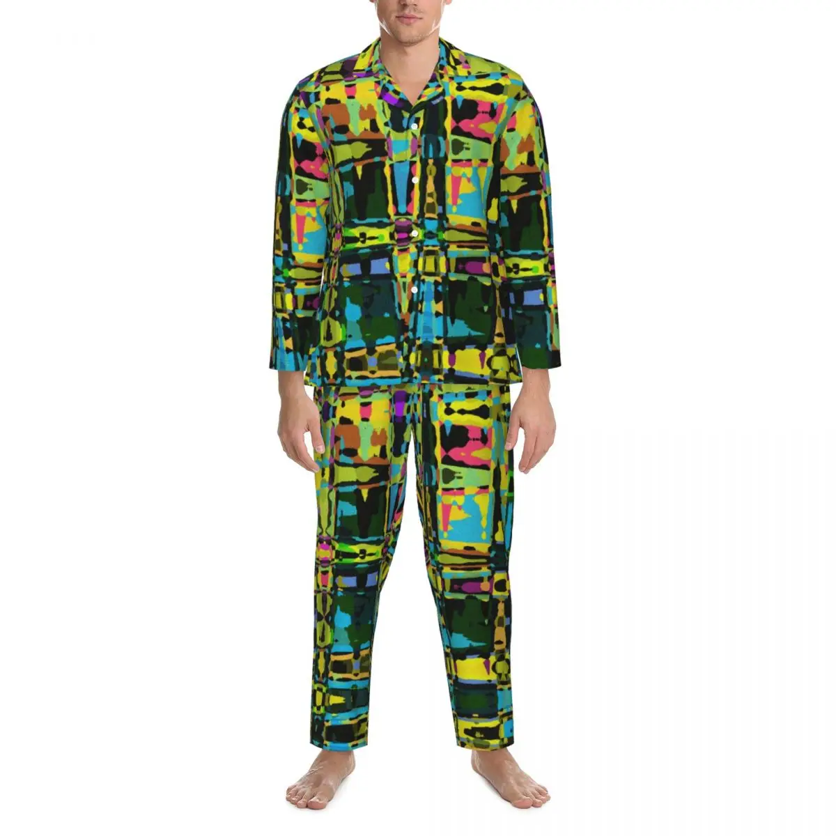 

Abstract Print Pajamas Male Colorful Ethnic Cute Soft Daily Sleepwear Autumn 2 Pieces Casual Oversized Design Pajamas Set