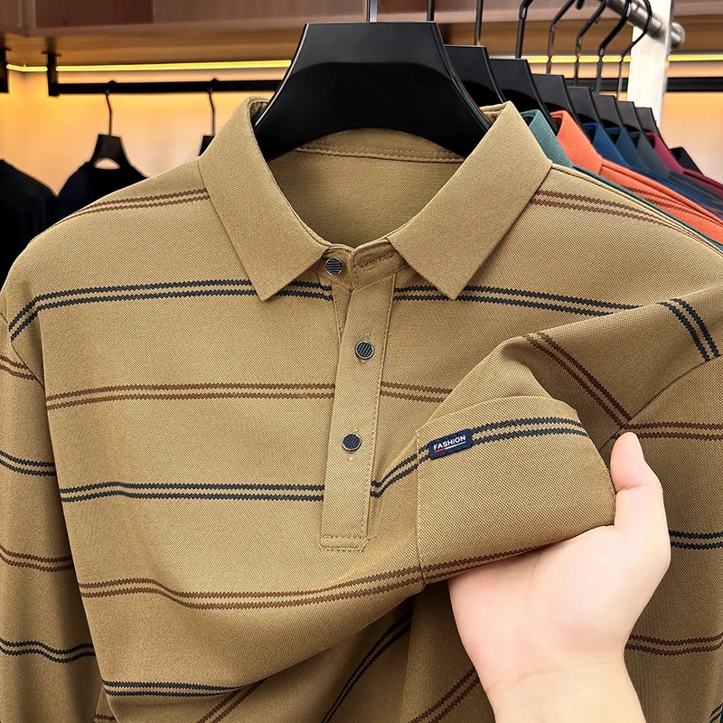 Men's Long Sleeve Striped Polo Shirt Business Lapel Shirt Men Casual Outdoor Office Daily Wear Button Spring Autumn Workwear Man - view 3