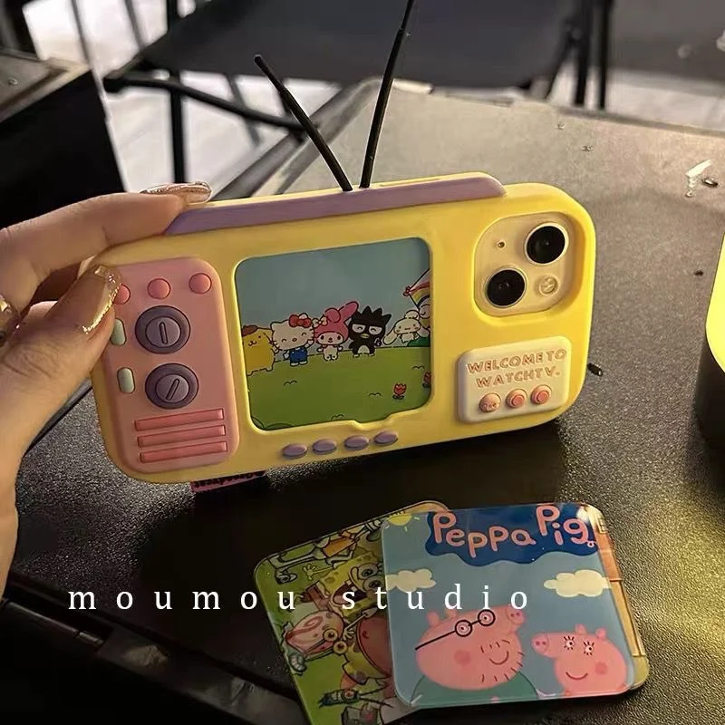 

3D TV Phone Case for Iphone 14 13 12 Pro Max 11 INS Cute Japan Korea Soft Silicone Full Coverage Phone Cover with Cards