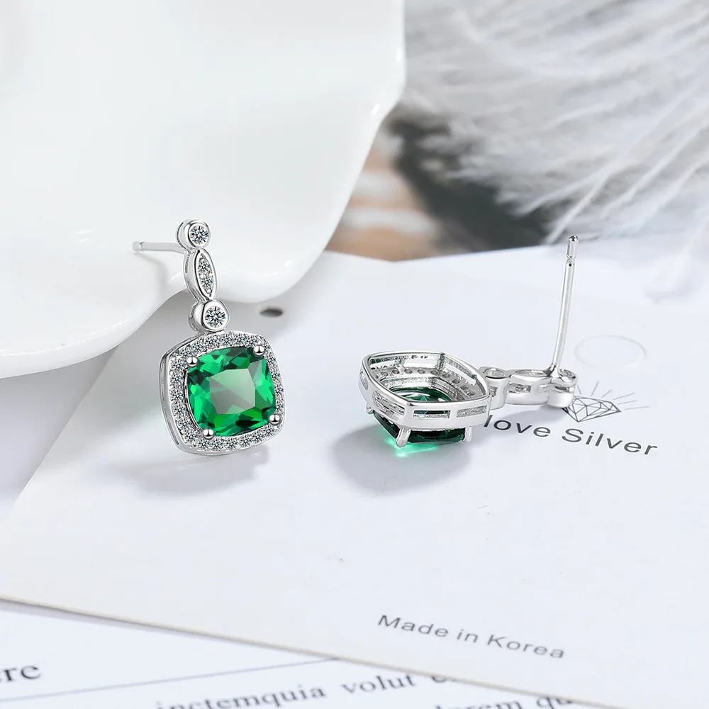 Square 1.1ct Simulated Nano Emerald 925 Sterling Silver Stud Earrings for Women Statement Gemstone Wedding Jewelry Pendientes