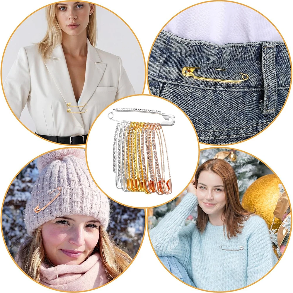 12 épingles de sûreté en strass, grandes broches fantaisie pour femmes, épingles décoratives pour pulls, châles, vêtements et chapeaux