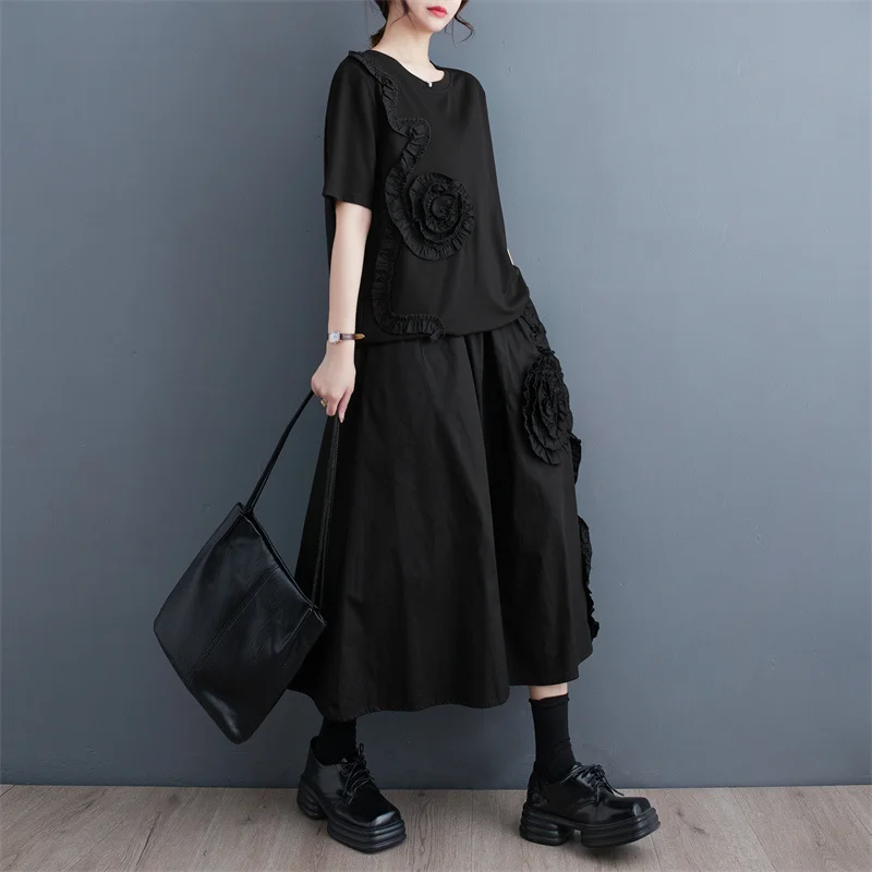 #2704 Summer Two Piece Set T Shirt And Skirt Women Korean Style Two Piece Skirt Set Female Ruffles Loose Two Piece Outfits