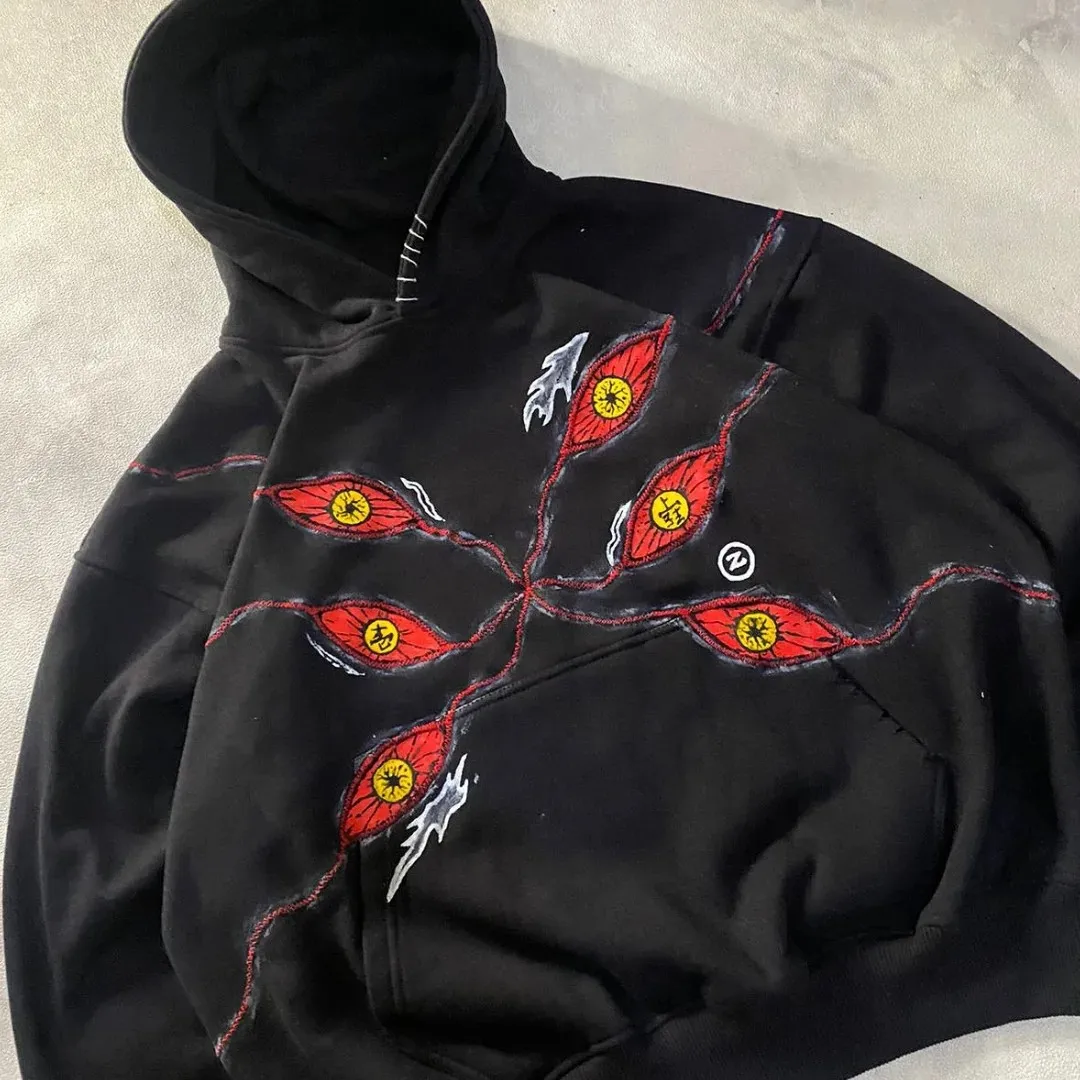 6 عيون Kokushibo تصميم هوديس كول فاسق البلوز Y2k الشارع الشهير المتضخم موضة عادية الأزواج أنيمي هوديي الرجال الملابس