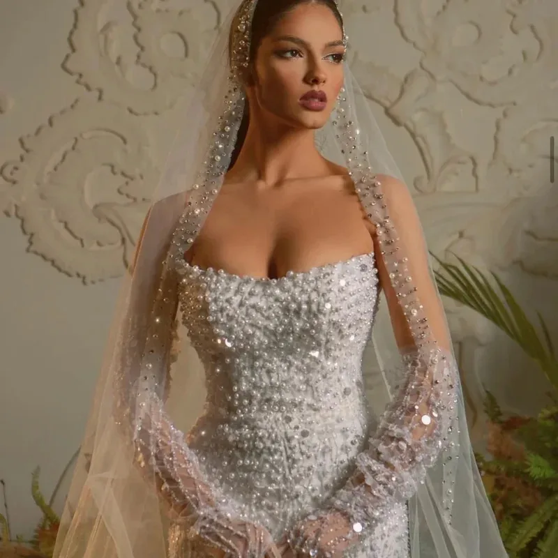 Customized Strapless Sleeveless Bridal Dresses Sparkly Sequins Pearls Wedding Gown Luxury Mermaid Bride Robe Vestido De Novia