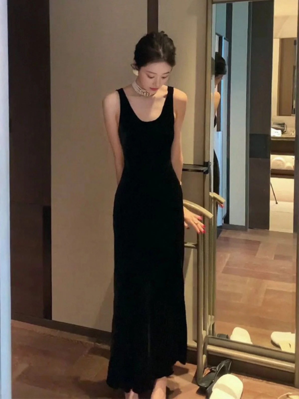 

Элегантное черное бархатное вечернее платье без бретелек с завышенной талией, облегающее, с длинной юбкой, без рукавов, для свадьбы, вечеринки, выступлений, модное