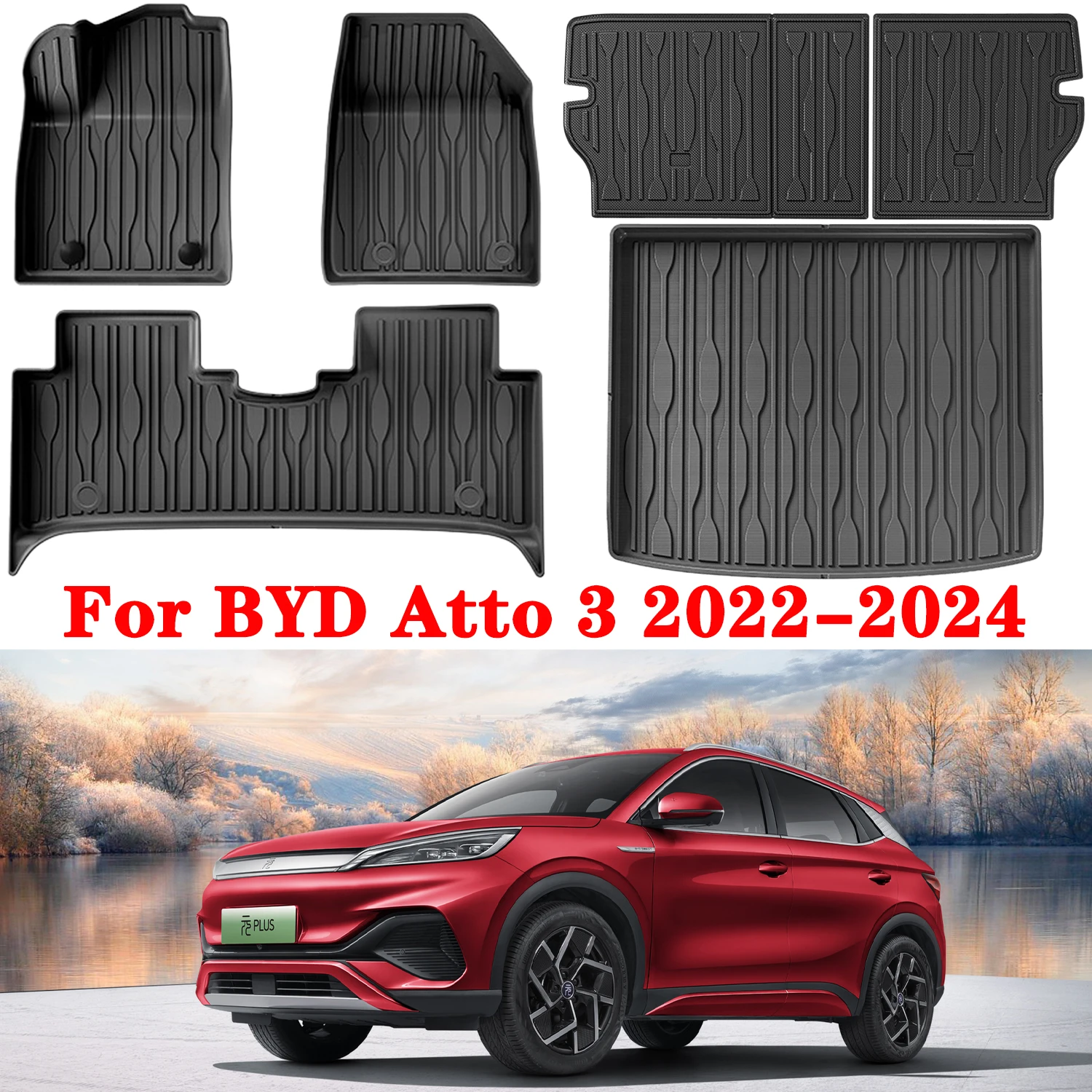 For BYD Atto 3 / YUAN PLUS 2022-2024 TPE Floor Mats and Cargo Liner, All Weather Floor Liners Trunk Mat TPE Heavy Duty Pad