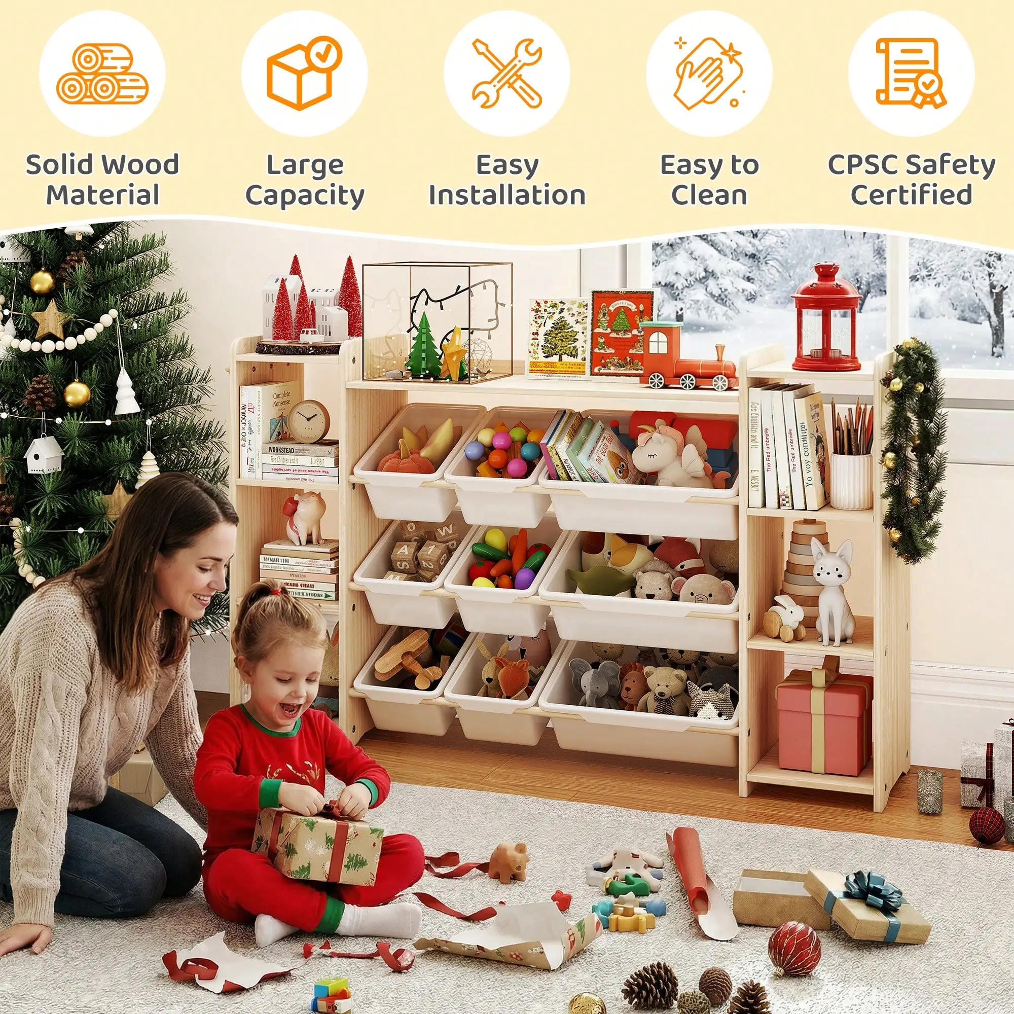 Kids Toy Storage Unit With Bookshelf, 6 Shelves 9 Bins 6 Hooks, Wood & White Organizer For Playroom Bedroom Nursery