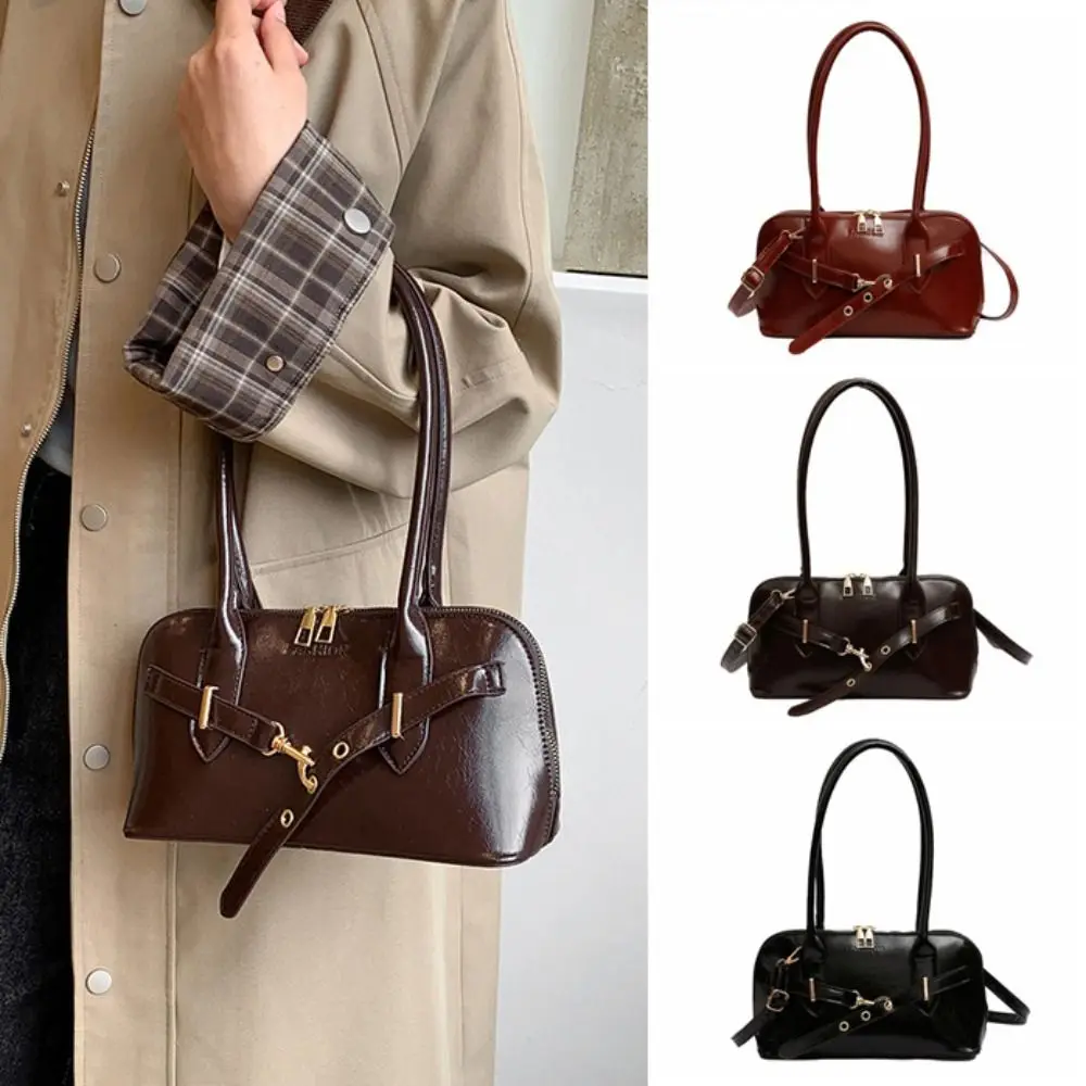 

Fashionable Korean Style Retro Shoulder Bag Solid Color PU Leather Underarm Bag Large Capacity Handbag Bowling Bag Office Worker
