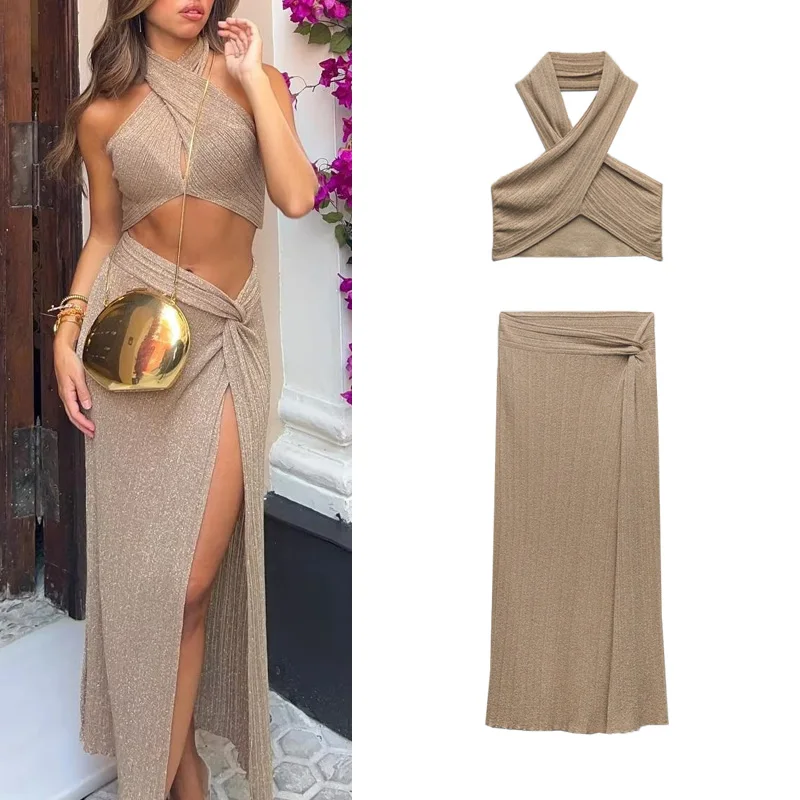 

Весенний новый модный женский комплект: вязаный топ с металлическим эффектом и перекрестным дизайном (6427023) и вязаная юбка с бантом (6427024)