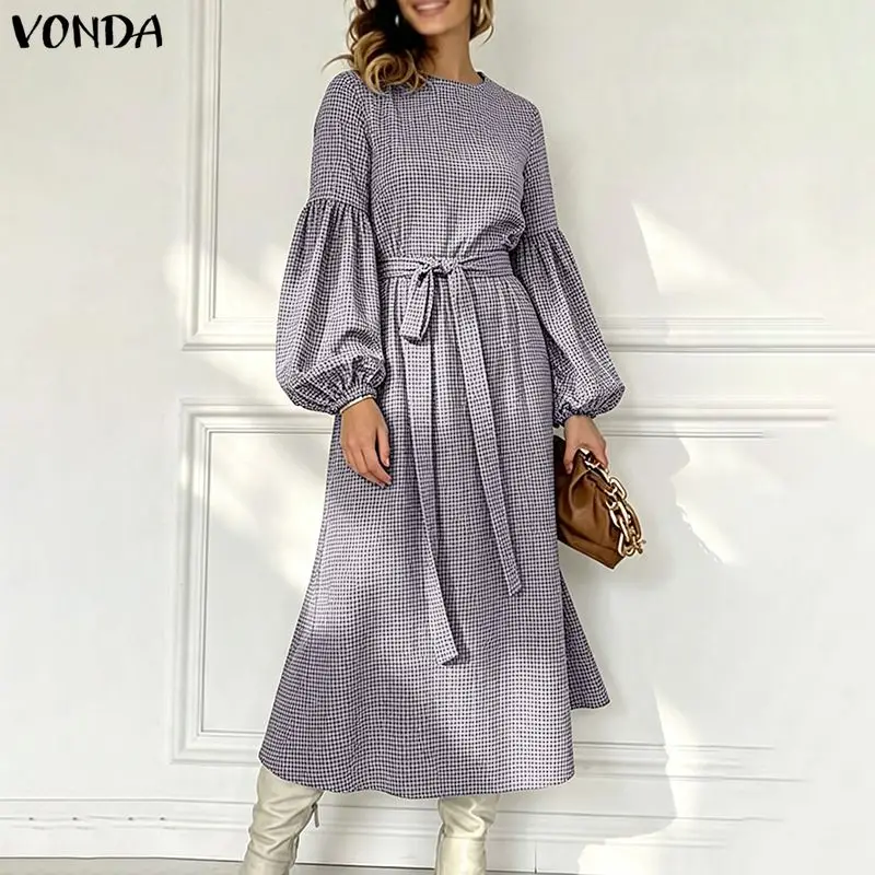 Plus Size VONDA Women Plaid Midi Dress Elegant Belted Tie Waist Sundress Long Sleeve Vintage Vestidos Autumn Winter Office Wear