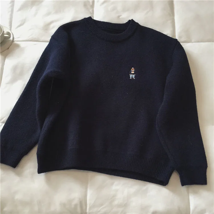 Suéter de punto de oso lindo para mujer, suéter coreano Kawaii, suelto, cálido, básico, de manga larga, Preppy sólido, Tops que combinan con todo,