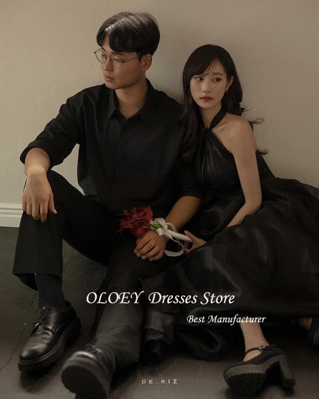 Oloey elegante preto coreia vestidos de casamento sem mangas uma linha halter rendas até organza vestidos de festa de casamento fotos sessão personalizada