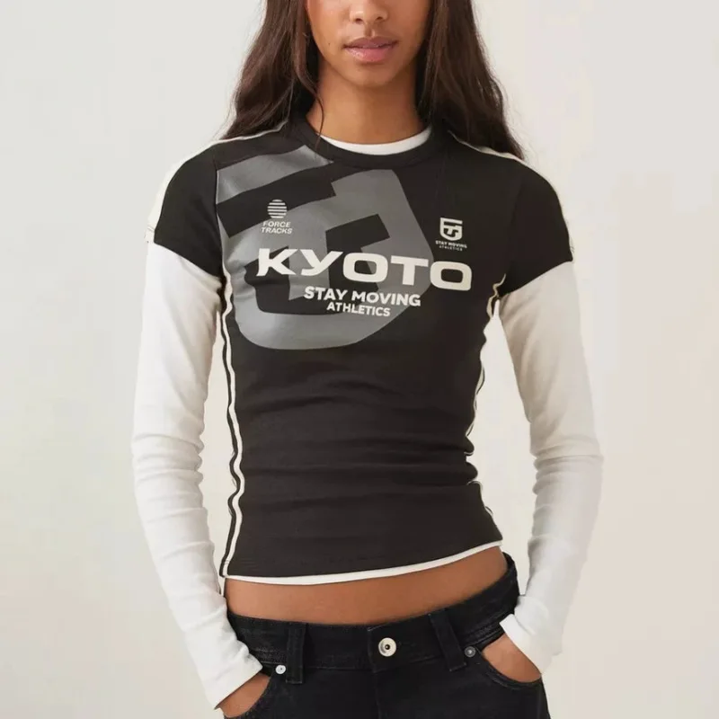 Color Block Side Stripe Cropped T-shirt Vintage Athletic Dept Graphic Slim Fit Baby Tee