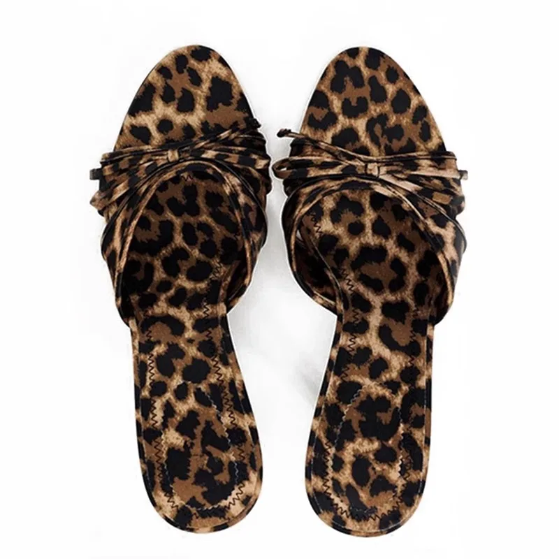 2024 New European and American High Quality Women Shoes Bow Knot Leopard Print High Heel Slippers Women Slippers