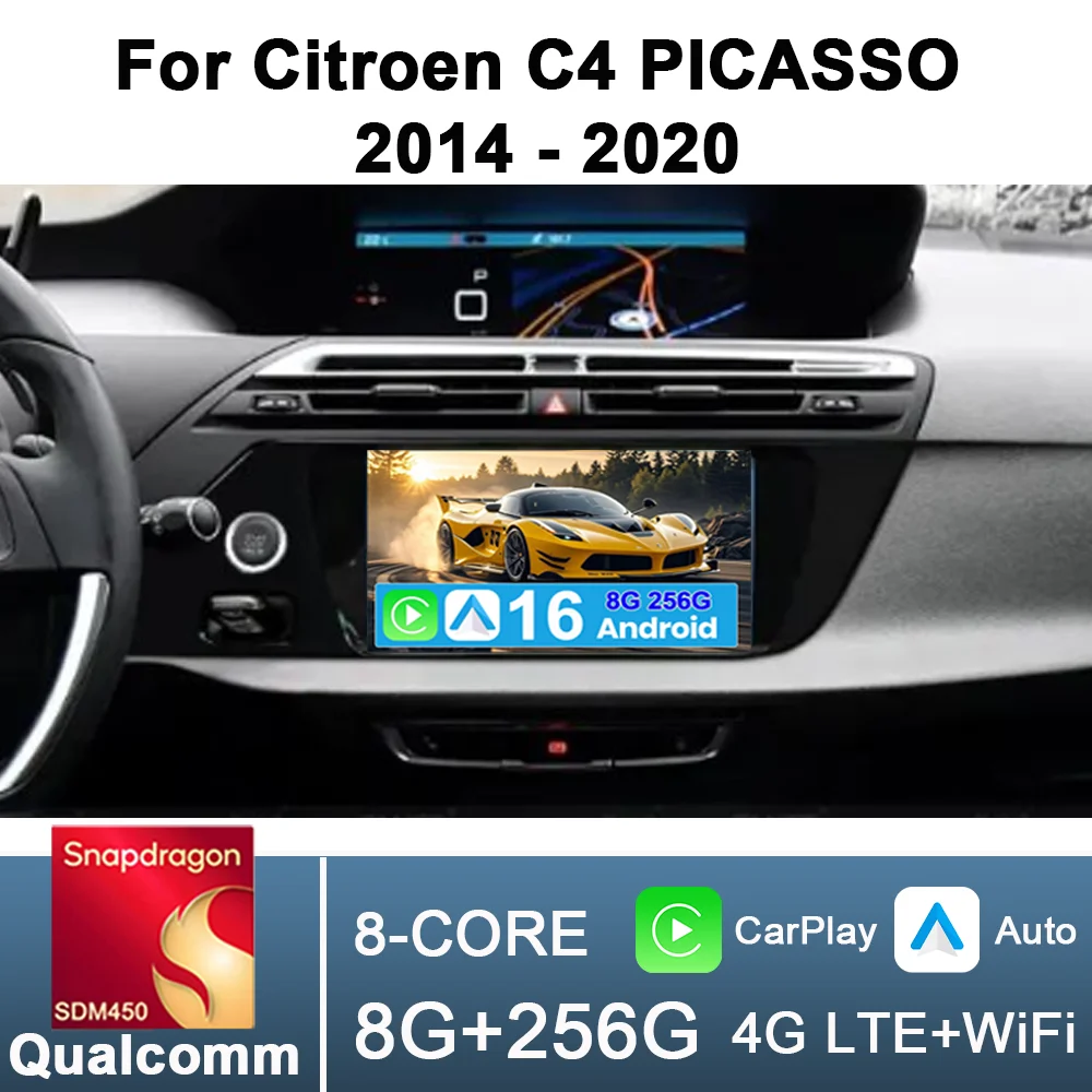Radio para Auto con Carplay Qualcomm de 8 Núcleos para Citroen C4 PICASSO 2014-2020, Navegación GPS, Reproductor Multimedia Estéreo para Auto, Pantalla IPS