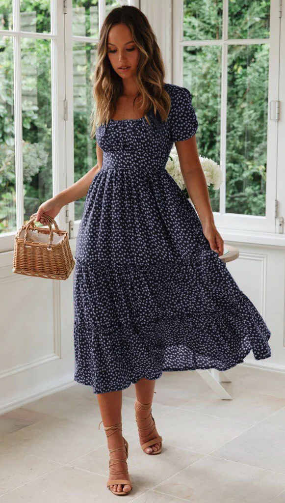 Summer Women Beach Sweet Dresses Vintage Vintage Print Puff Sleeve Casual Square Collar Floral Maxi Long Dress Festa Vestidos