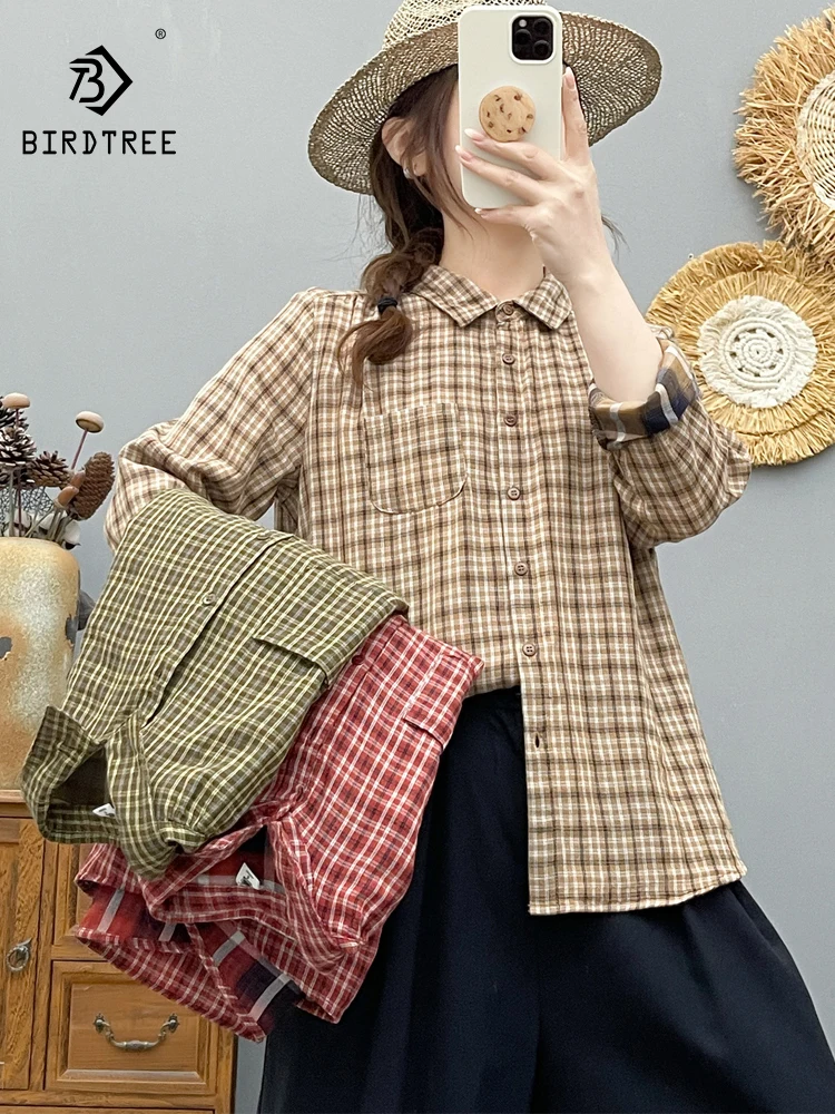 

New 2026 Spring Women Cotton Yarn Long Sleeve Shirt, Turn-down Collar Plaid, Mori Girl Versatile Chic Thin Loose Blouse T63855CC