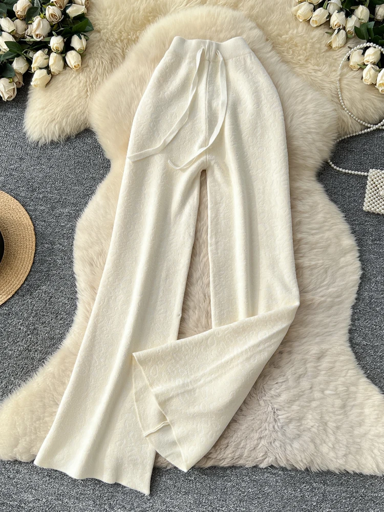 Loose Knitted Wide Leg Pants Women's Soft Lazy Sle Winter High Waist plus Size Leopard Print Floor Length Trousers