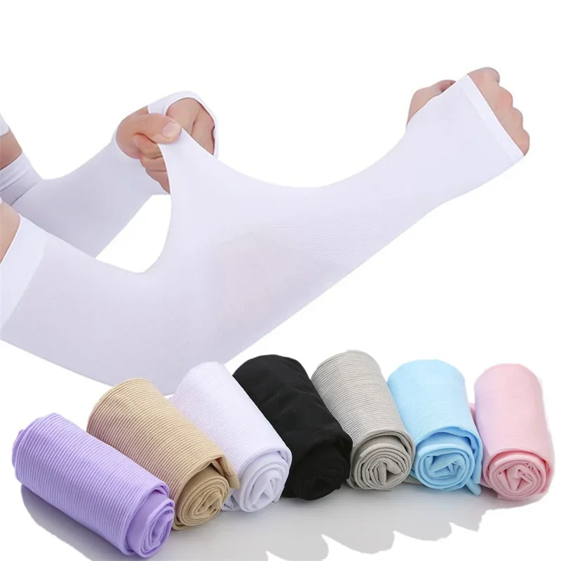 1 par de mangas largas de seda de hielo para verano, protección solar UV, cubierta protectora de manos, protector solar para exteriores, conjunto de guantes elásticos de medio dedo