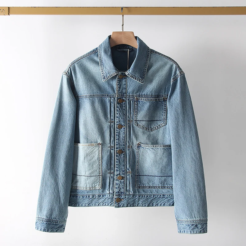 

High-End Men's Casual Cotton Denim Jaet Heavyweight Waed Micro-Wide Classic Sle Warmth-Fit Stand Collar Trendy Long-Length