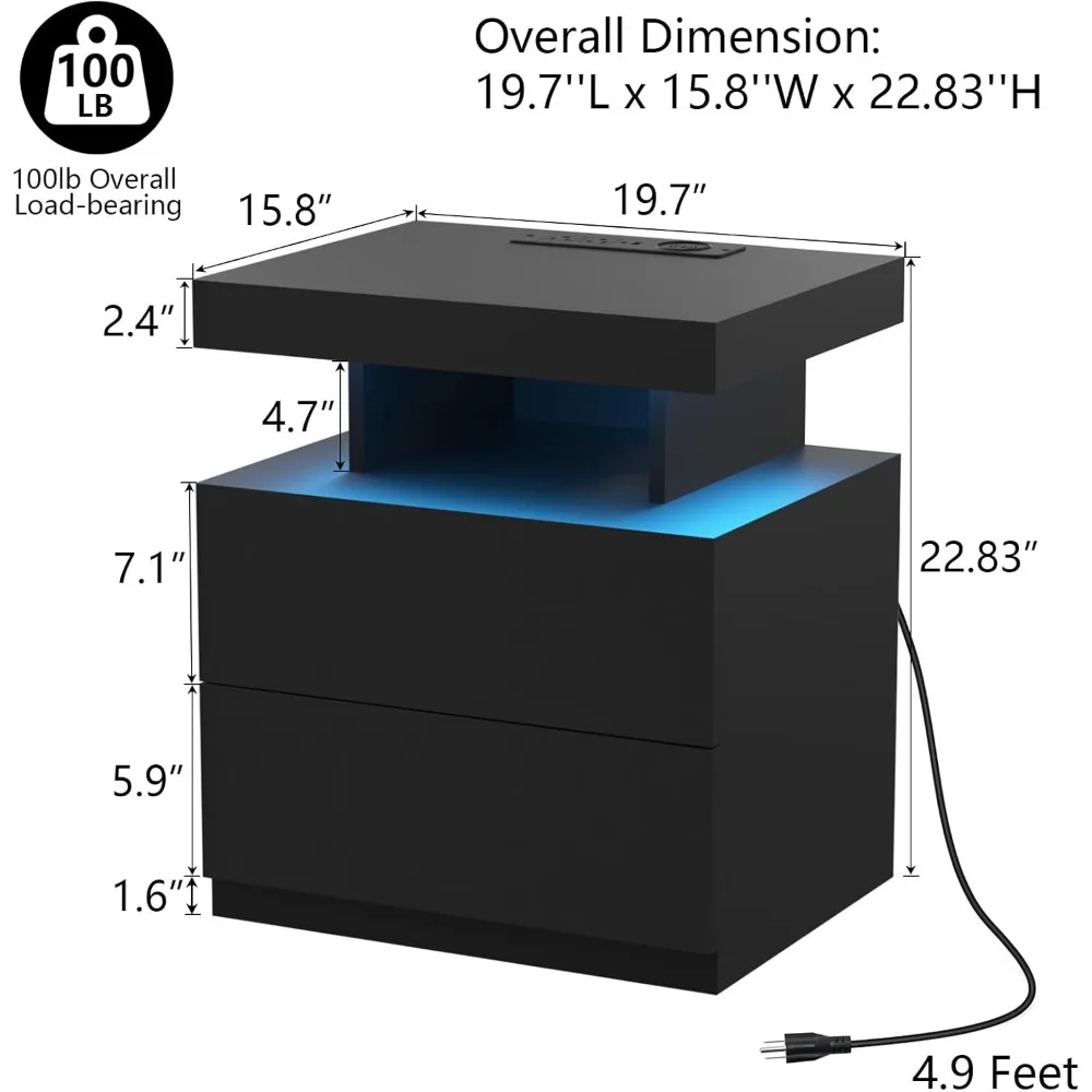 LED Nightstand with Charging Station  Outlets USB Port Type C Bed Side Table with Drawers Wireless Charging