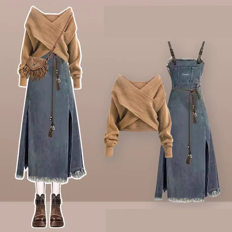 

2024 Women Autumn Winter New Vintage Knit Sweater+Cowboy Strap Skirt 2-Piece Suit Korean Elegant Hoodie+Denim Dress Matching Set