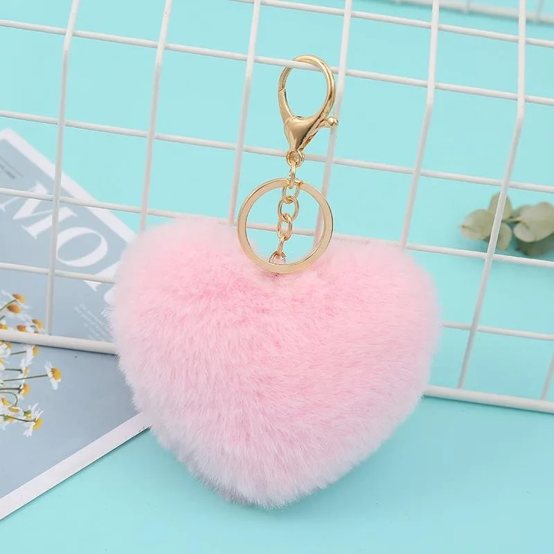 1 Pack Women\'s Heart KeyChain Artificial Fur Ball Red Or White Or Pink Heart Plush Key Ring Backpack Pendant Charm Girl