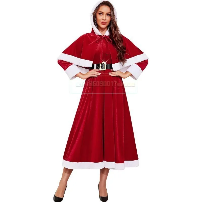 

Mrs Claus Costume for Women Adult Santa Costumes Claus Dress Christmas Outfit with Hooded Cape Belt Winter Red Velvet Long Dress