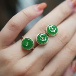 Original new natural ice seed sun green chalcedony earrings opening adjustable ring retro elegant light luxury charm jeweler