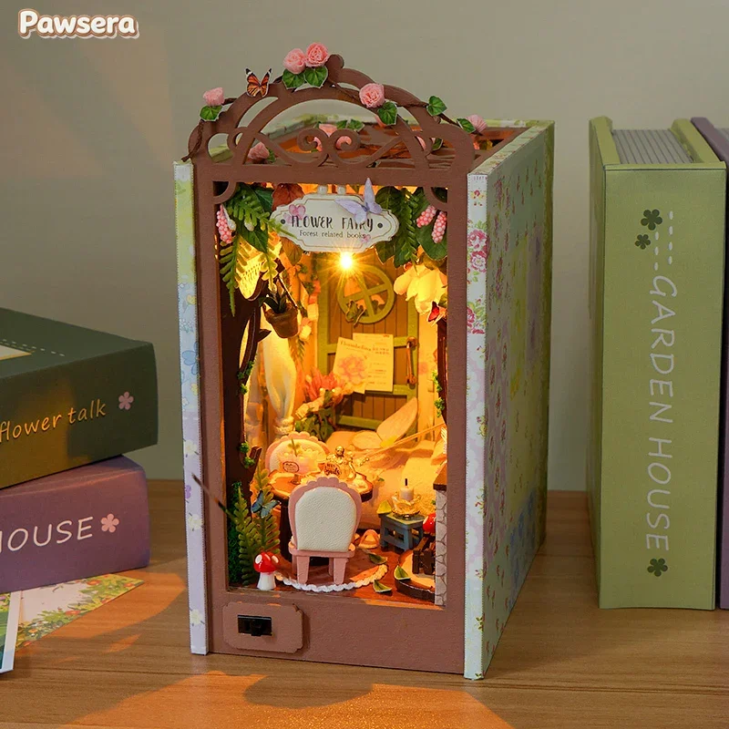 Pawsera Diary of The Flower Fairy Bookshelf DIY Wooden Book Nook Figurines Miniature Kits Home Bookend Decor For Adult Gift