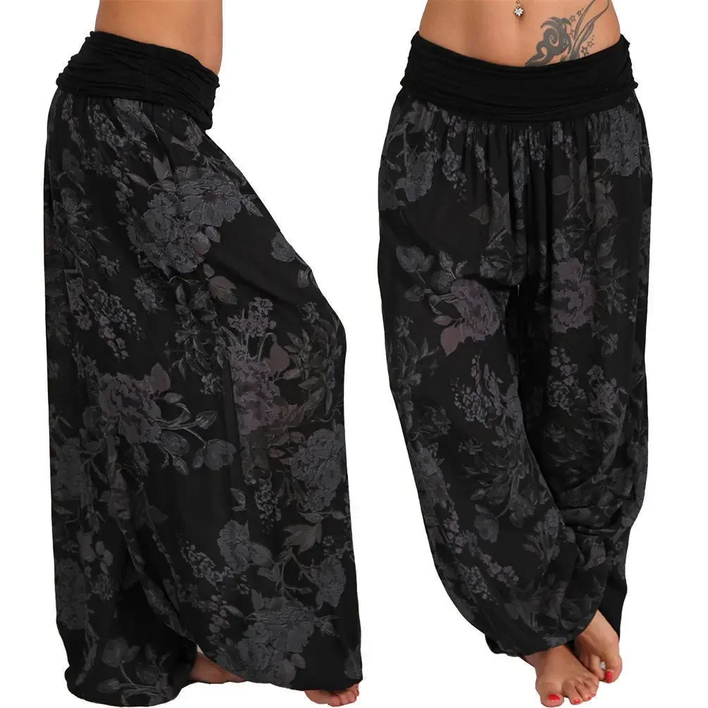 Women Bohemian Floral Print Pants Mid Waist Vintage Harem Pants Elastic Waist Boho Beach  Long Trousers Plus Size 5Xl 2025