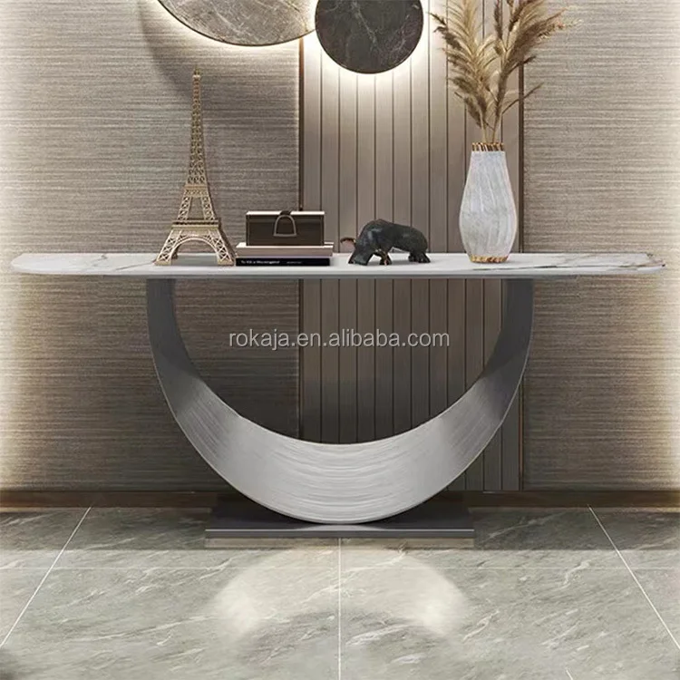 Marble Console Table Gold Metal Half-Moon Base Entrance Decoration Table Modern Living Room Furniture Corridor Corner Table