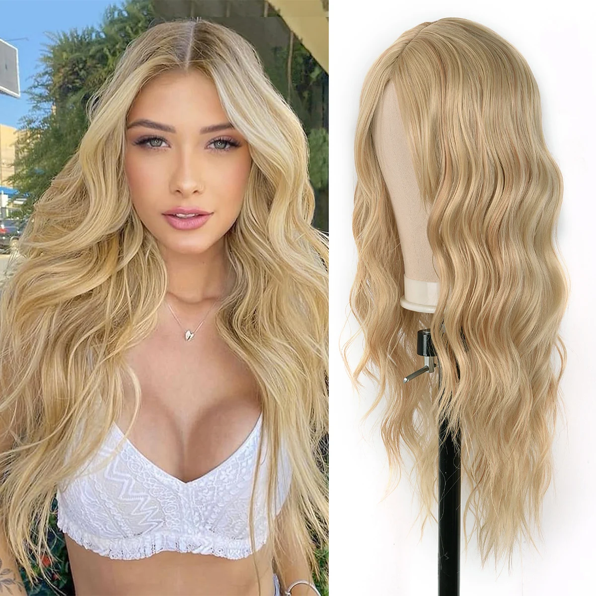 

26-дюймовые синтетические объемные волны Парики Ombre Длинные светлые парики с челкой для женщин Парики из вьющихся волнистых волос Парики из термостойкого волокна