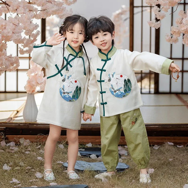 

Kids Ancient Chinese Hanfu Suit Vinatge Traditional Dance Perform Costume Girl Dress Boy Martial Arts Student Uniform Cosplay