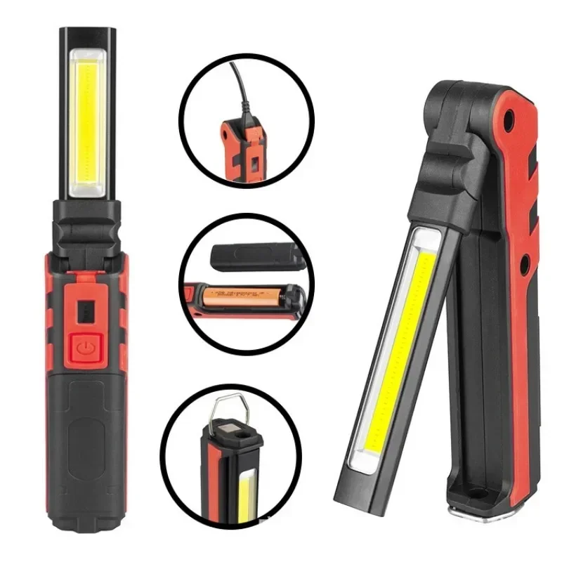 Lampe de travail COB portable, rechargeable par USB, lampe torche LED à intensité réglable, lampe d'inspection pliable avec crochet magnétique, camping en plein air