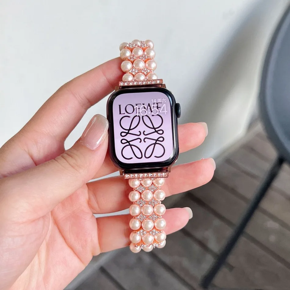 Luxury Pearl Strap For Apple Watch Series 8 7 6 SE 5 4 45mm 44mm 42mm INS Rhinestonoe Bracelet Band IWatch Ultra 49mm 40mm 38mm