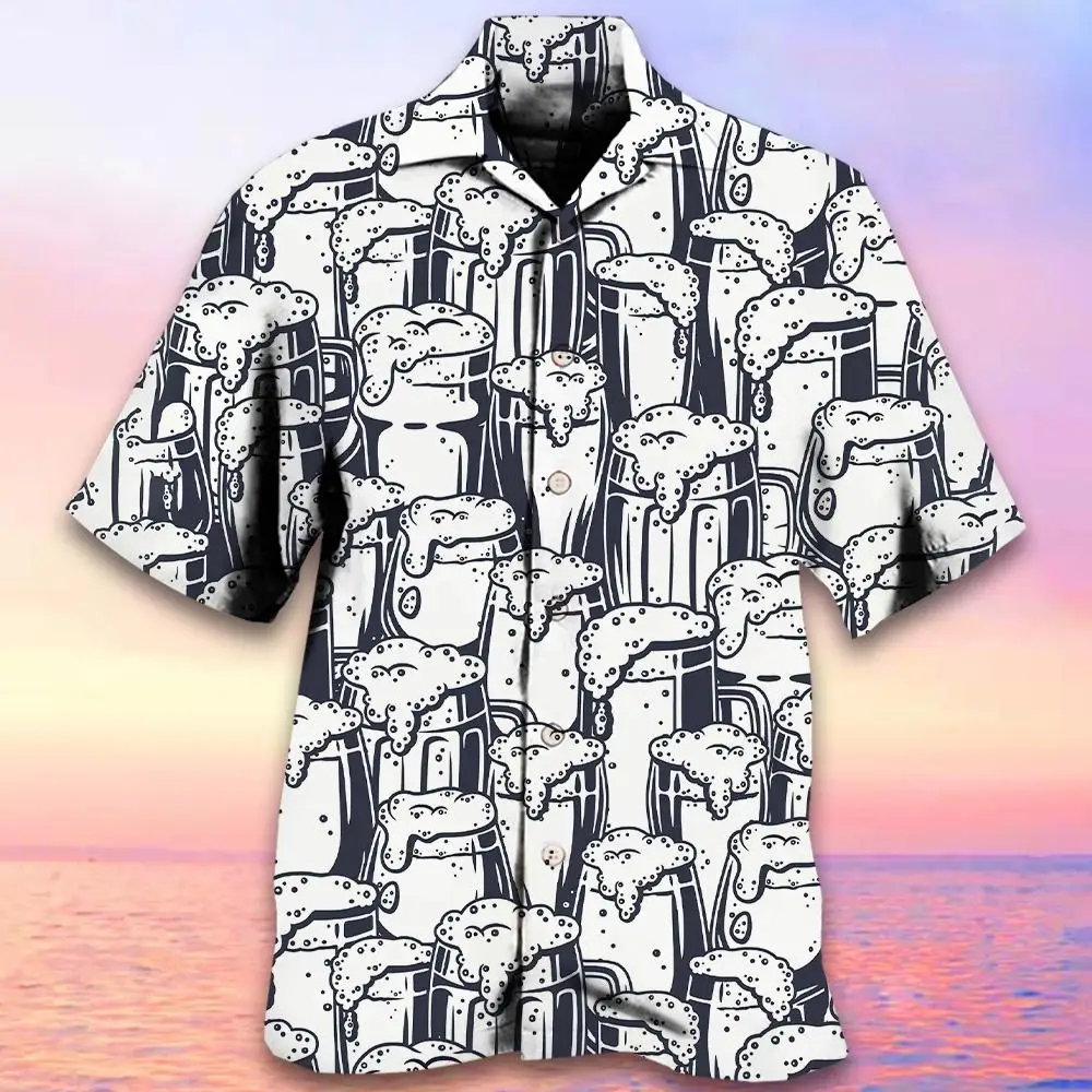 Beer Print Men\'s Shirt Summer Beach Casual Hawaiian Shirts For Men Street Fashion Man Clothes Loose Oversized Short Sleeve Shirt