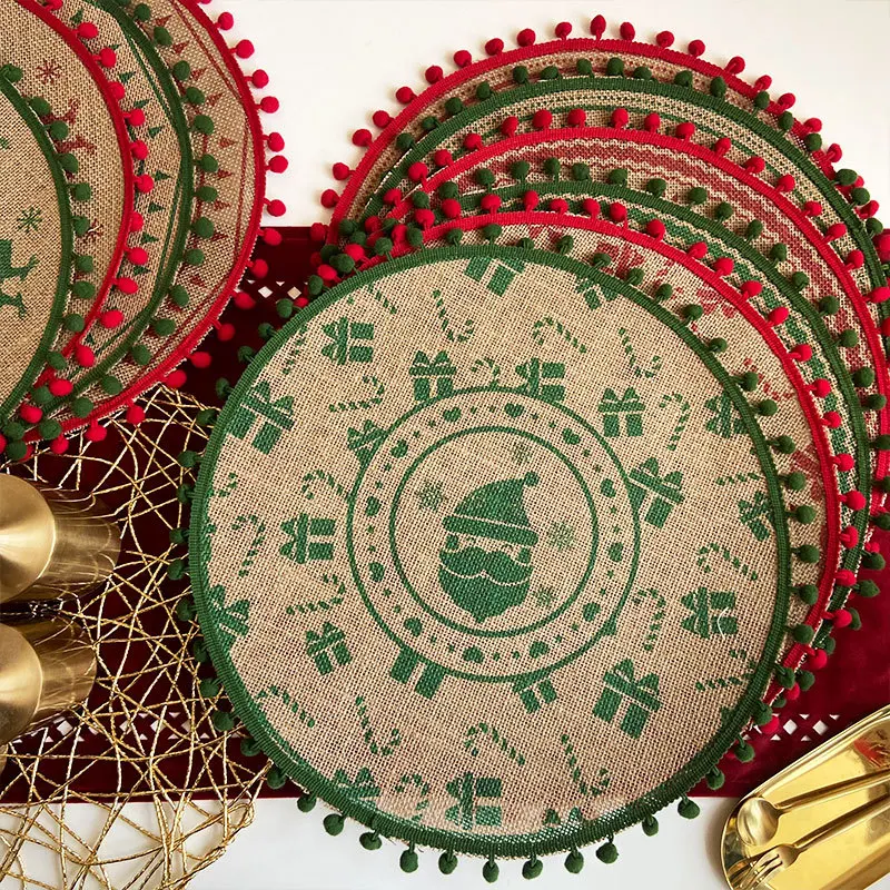 Christmas vintage jute placemat, round printed woven dining table mat, cutlery mat with wool ball, heat-resistant coffee coaster