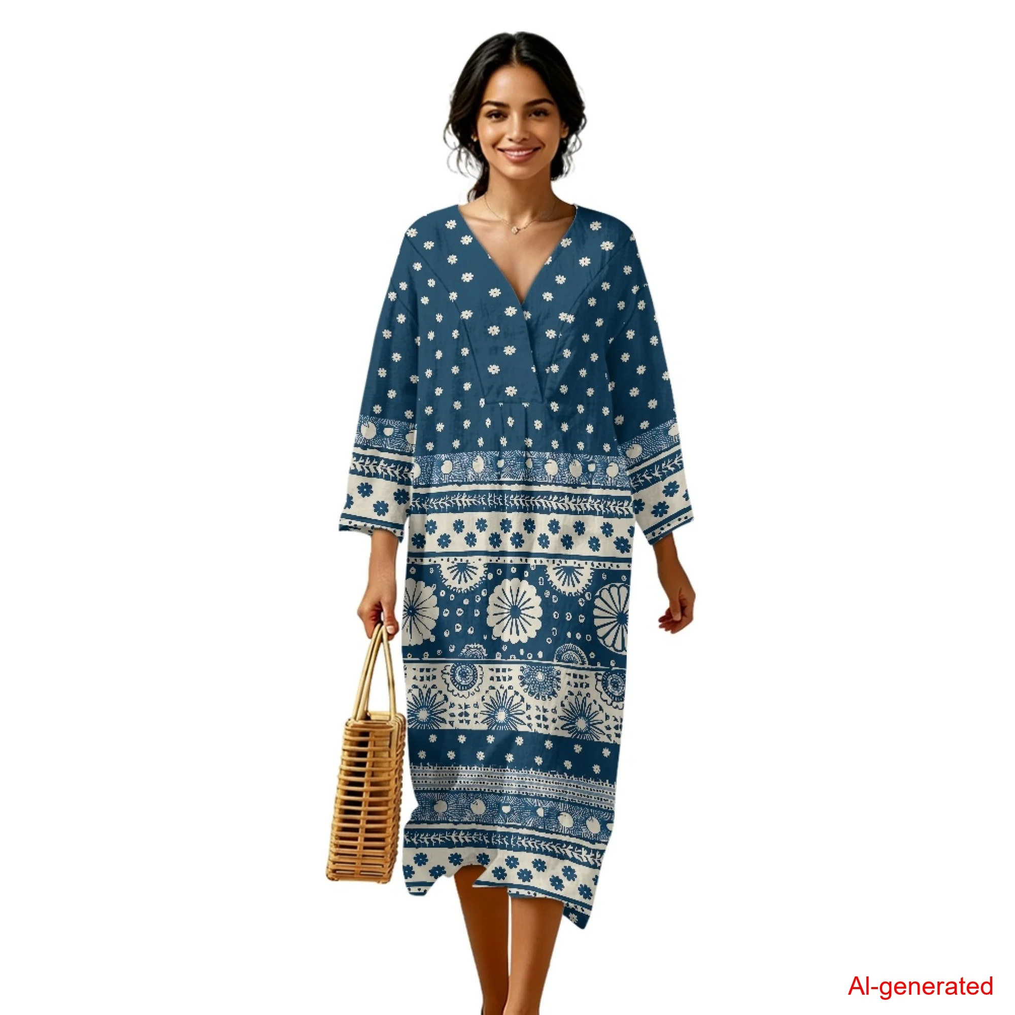 

INSTANTARTS Women's Linen Loose Dress Mandala Women Midi Dress Summer Trendy Women's Long Sleeve Midi Tunic Beach Vacation Dress