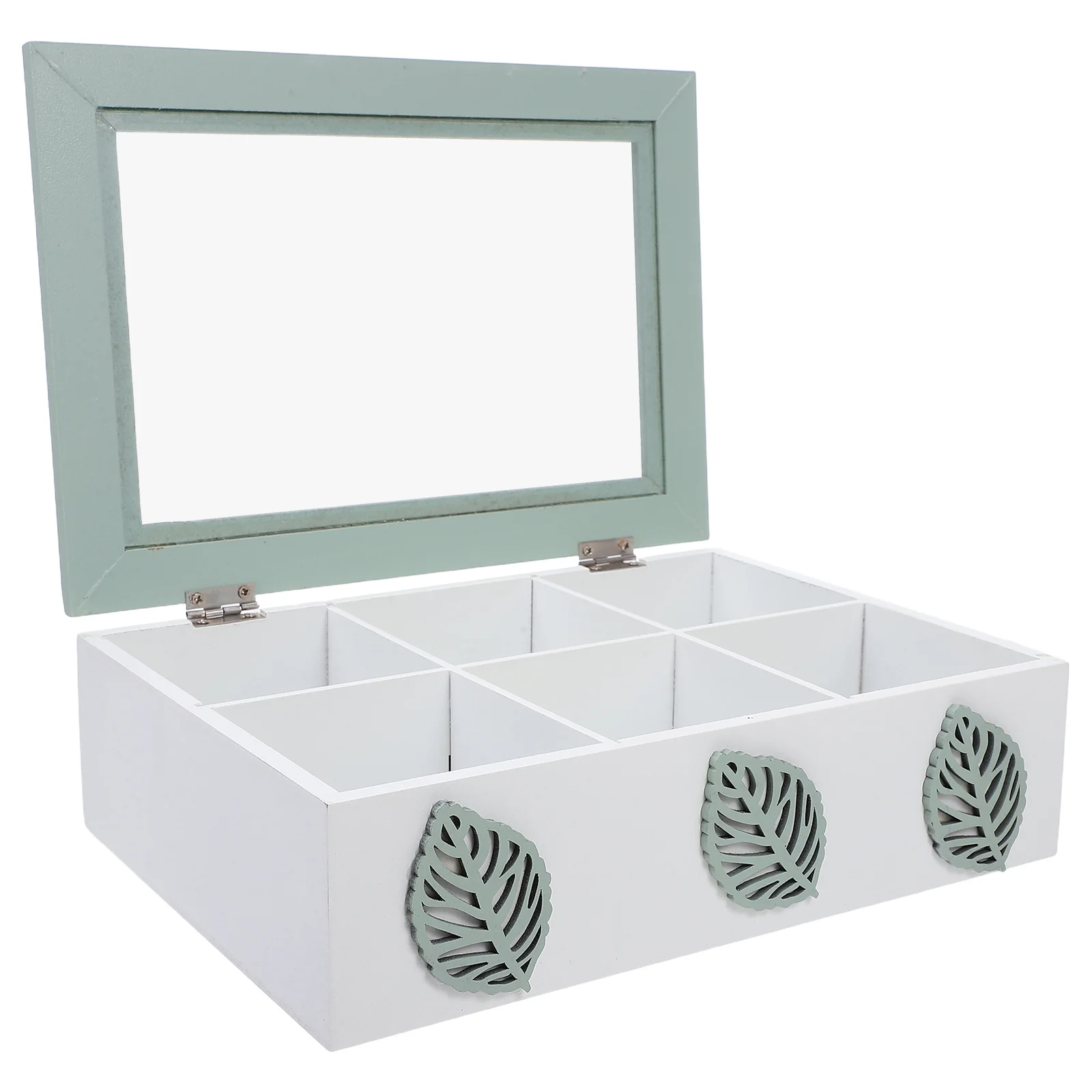 

Wooden Box for Tea Bags and Jewelry 6 Compartments Divider Storage Chest with Glass Lid Decorative Home Organization Solution