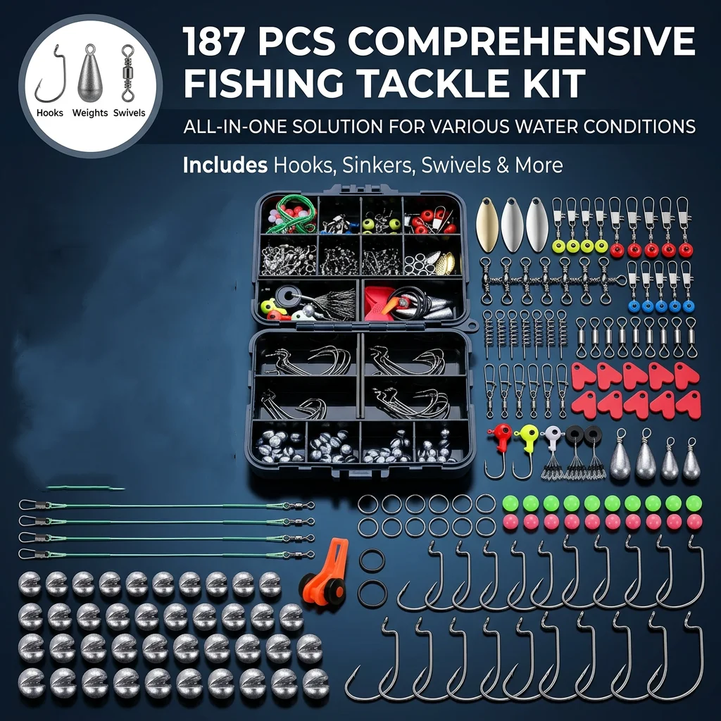 187pcs Fishing Gear Set with Hooks Buckles Weights for Carp Bait Lure Fish Tackle Equipment - Fishing Accessories Kit